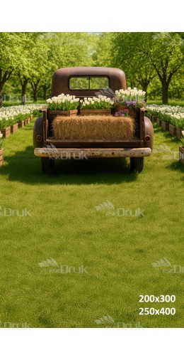 Tło fotograficzne „Rustykalny pickup z tulipanami” | E_776